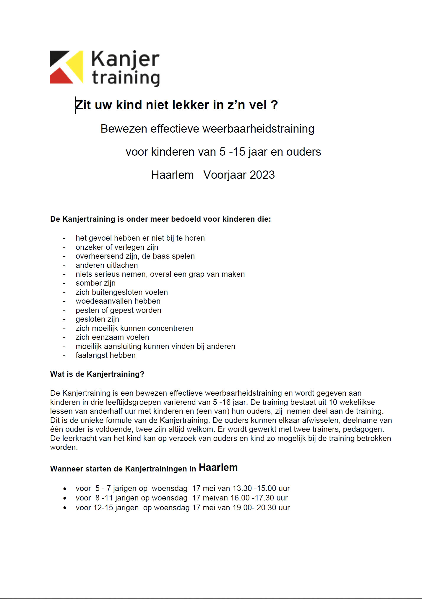 Flyer Kanjertraining Haarlem mei - juli 2023
